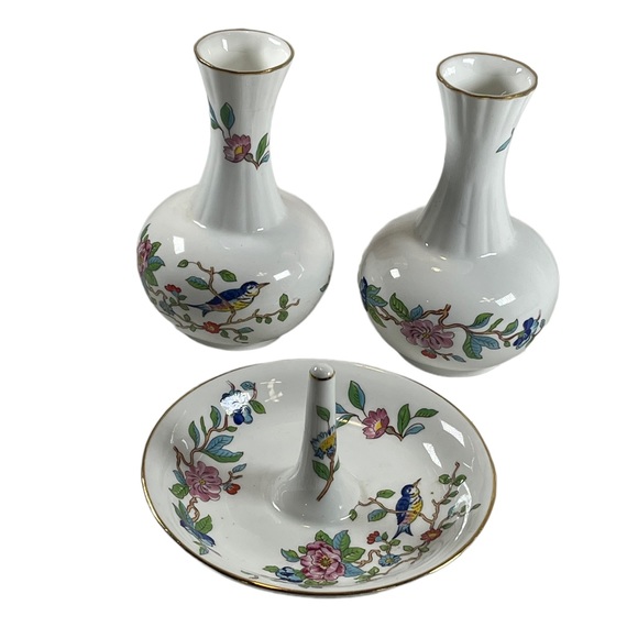 Vintage Aynsley Pembroke LOT 2 Vases & Ring holder Birds fine china England VG - Picture 5 of 7
